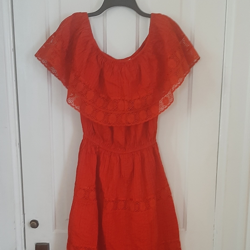 Cristina's Red Lace Eyelet Off-the-Shoulder Cotton Dress Made in Mexico SMALL